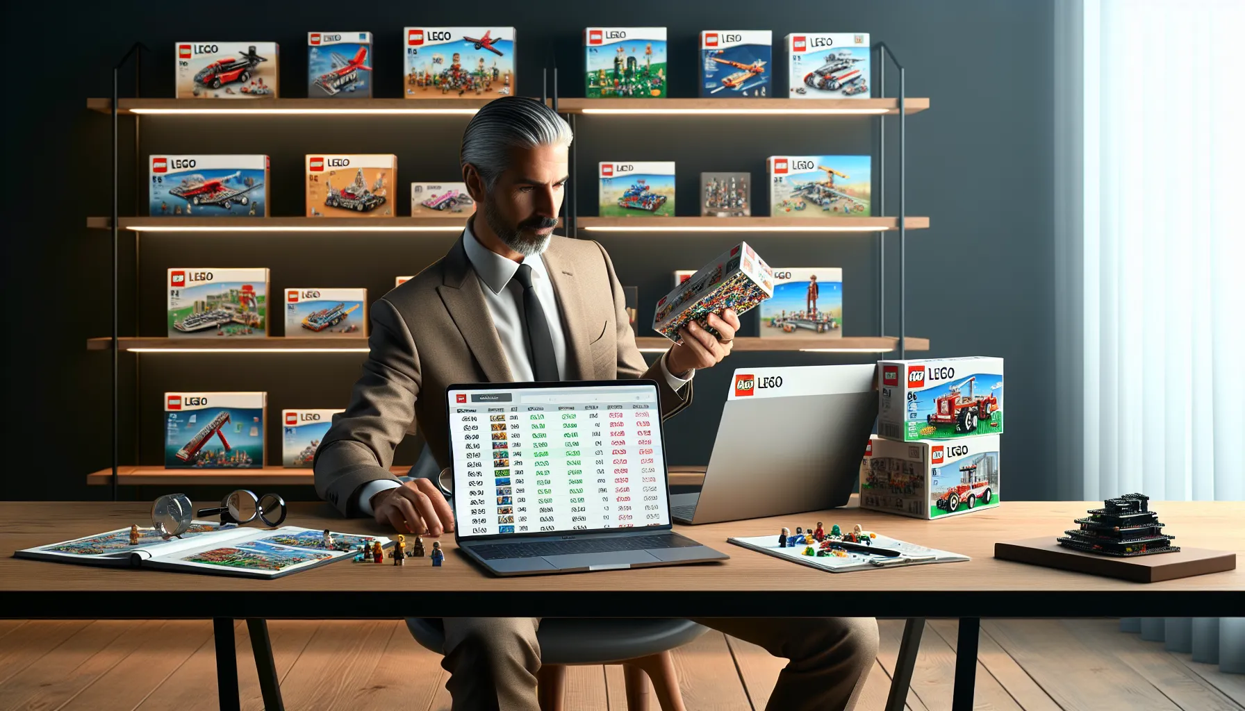 person evaluating LEGO sets and prices at a modern desk.