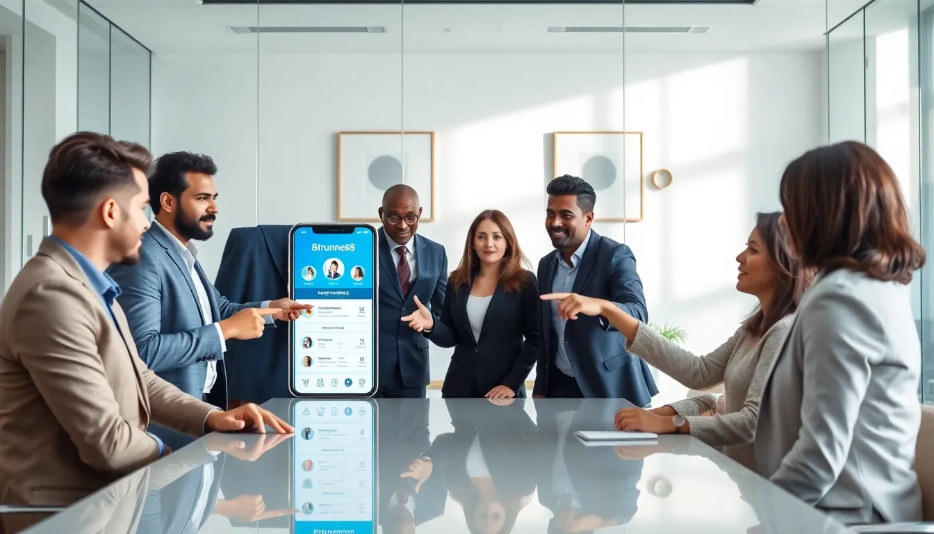 diverse professionals collaborating around a digital screen displaying Bfrunner88.