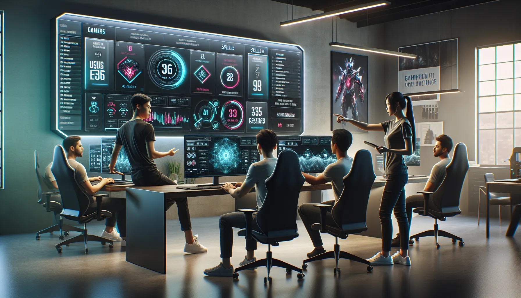 diverse gamers discussing improvements in a modern gaming setup.