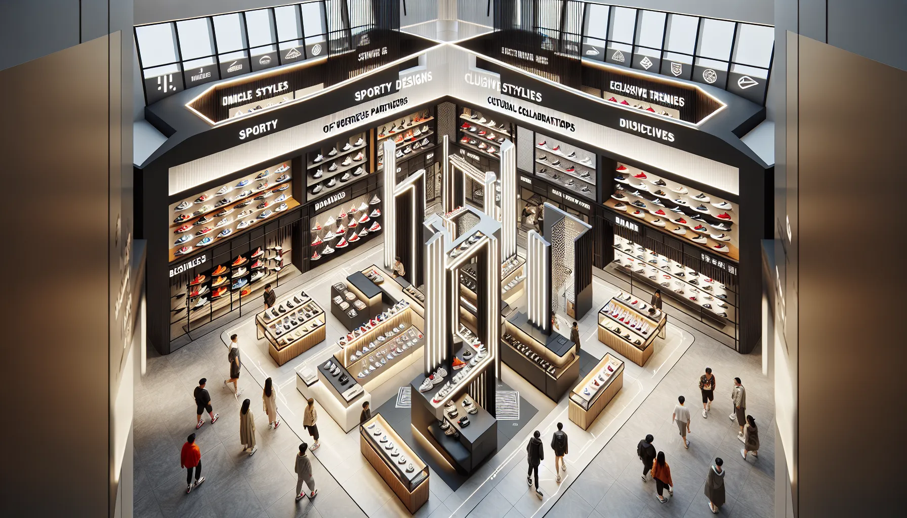 Adidas and Puma branded sections in a modern sneaker store.