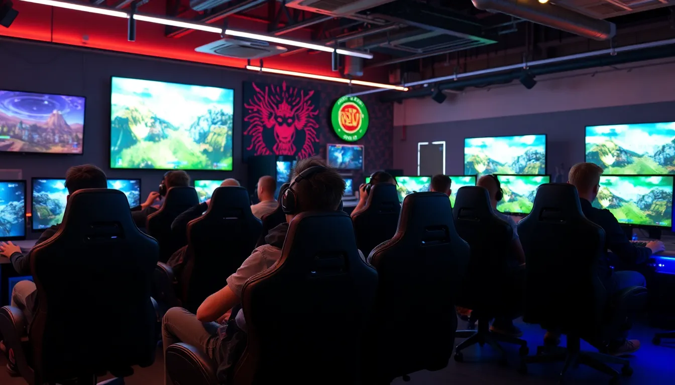 gamers enjoying a vibrant gaming hub with modern equipment.
