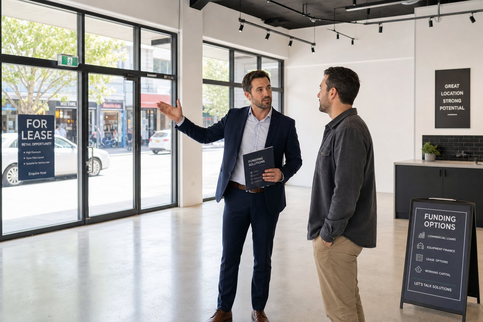 Commercial mortgage broker and client viewing an empty retail unit with natural light.