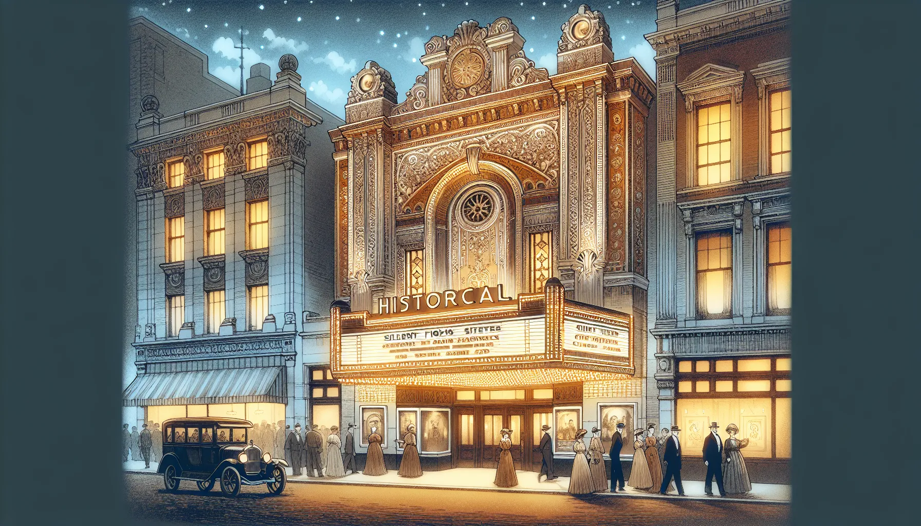 A historic movie theater with silent film titles on the marquee.