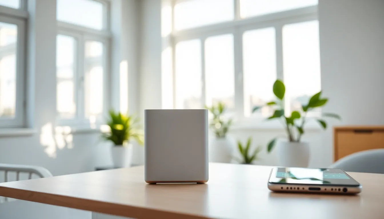 Mobile cell phone booster in a modern office setting.