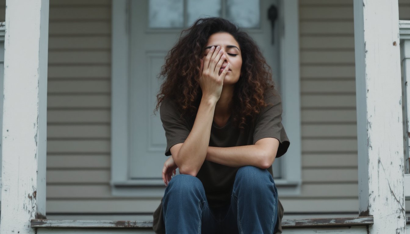 Woman sitting on a porch step holding tea, practicing quiet gratitude on a gray day.