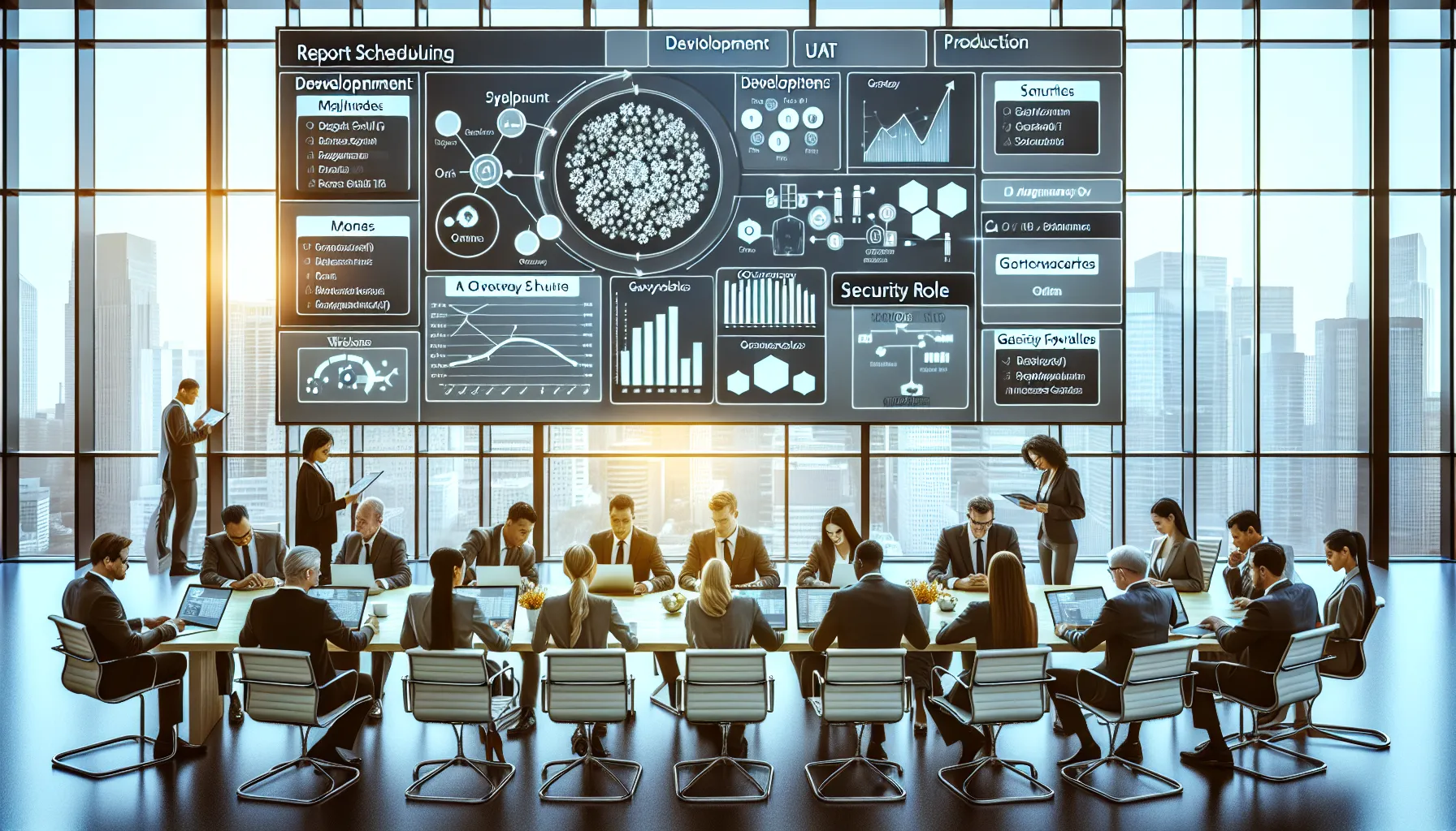 BI team reviewing governed Power BI report scheduling and refresh setup in a modern office.