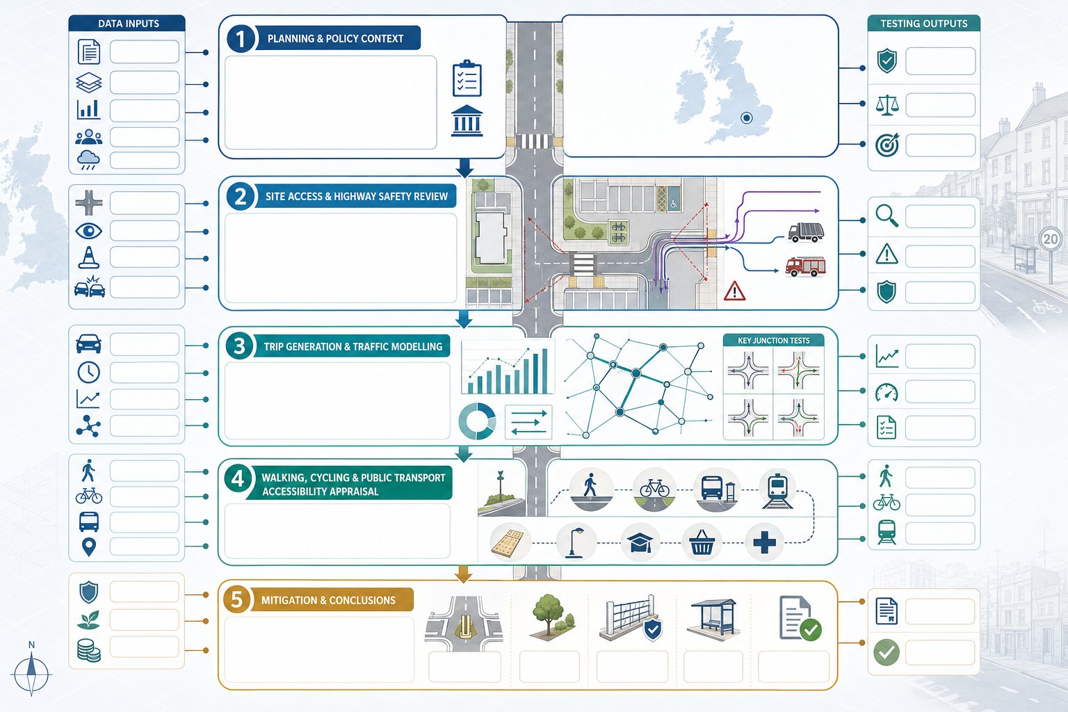 Infographic of key stages in a UK development transport assessment.