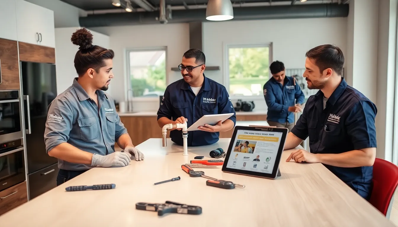 diverse team of technicians assisting homeowners in a modern workspace.