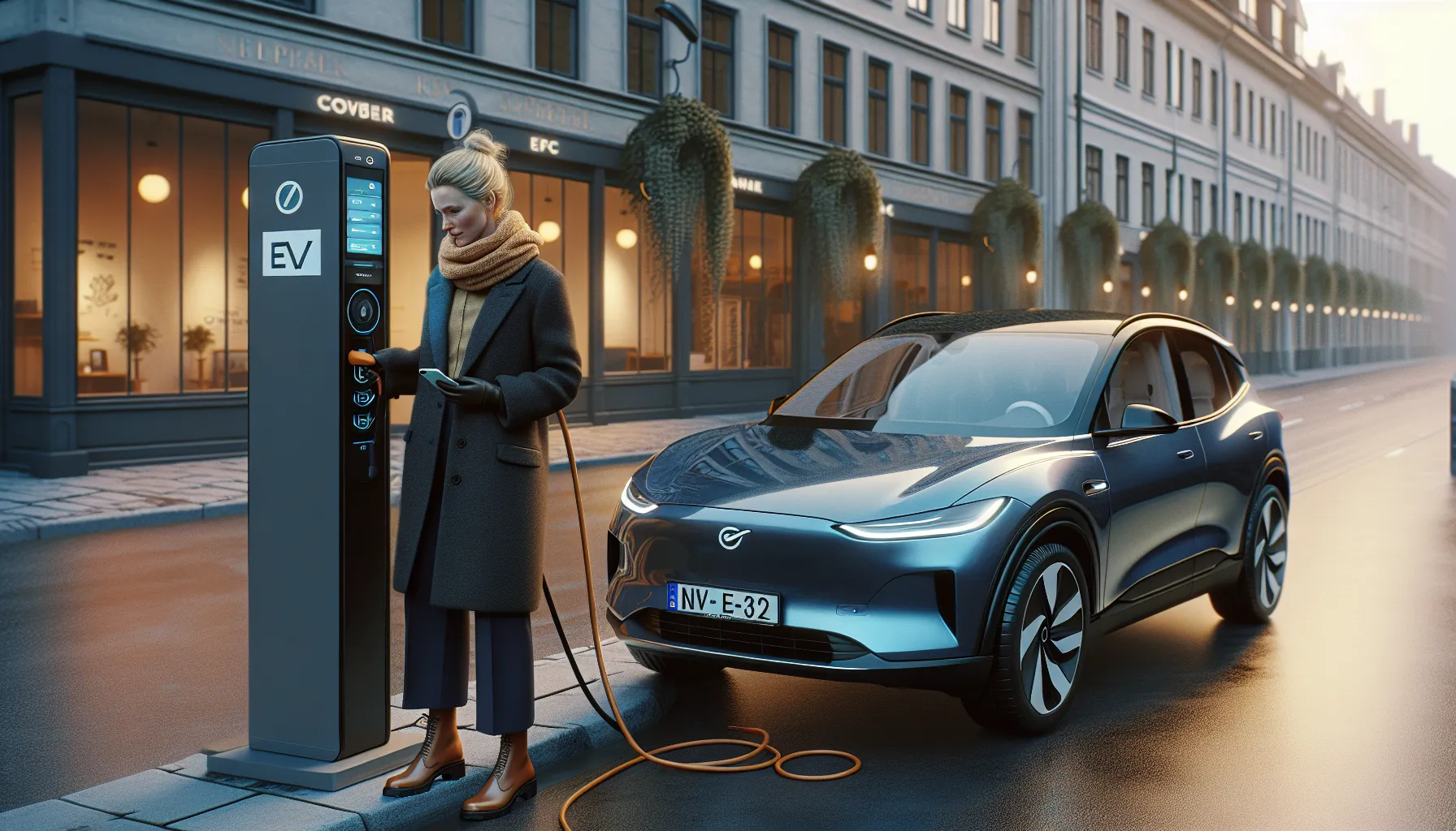 Norwegian commuter charging a newly leased electric car in Oslo’s Barcode district.