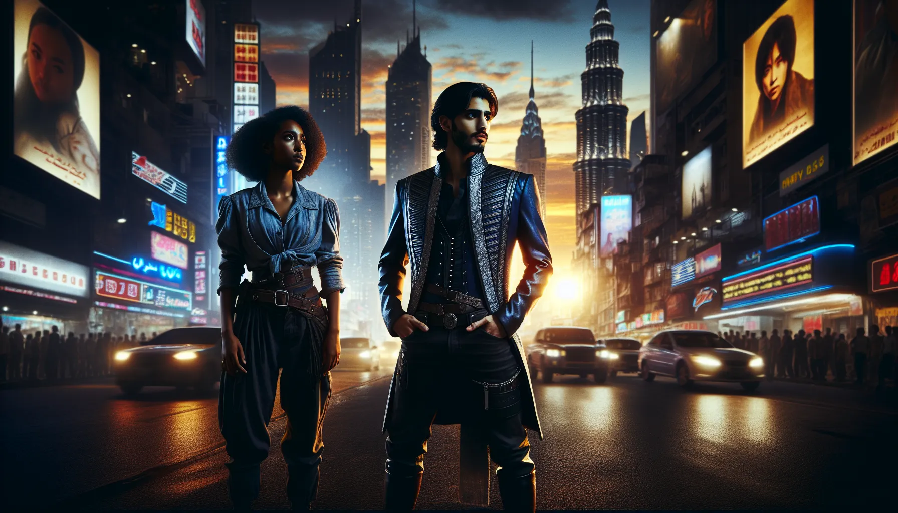 A hero and anti-hero in a dramatic urban setting at dusk.