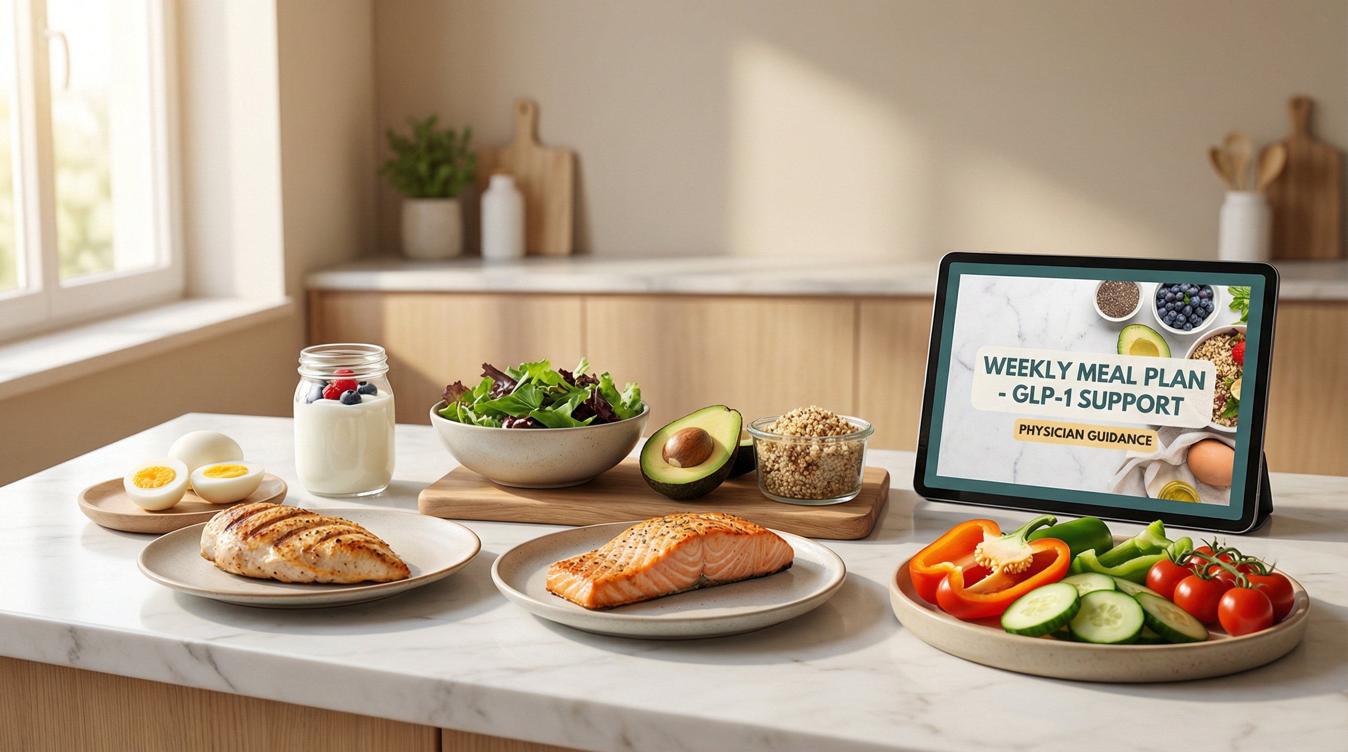 Nutrient-dense high-protein foods arranged on a modern kitchen counter for a semaglutide diet plan.
