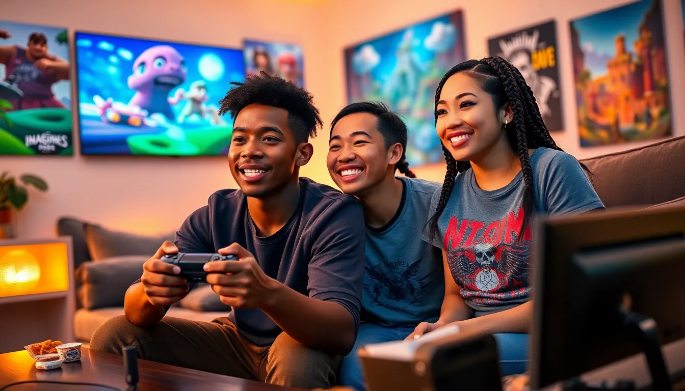 A diverse group of friends gaming together in a cozy living room.