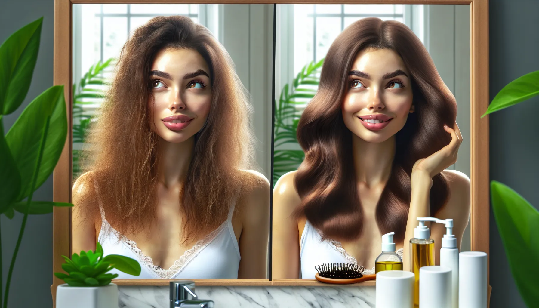 A woman’s hair before and after three months using castor oil.