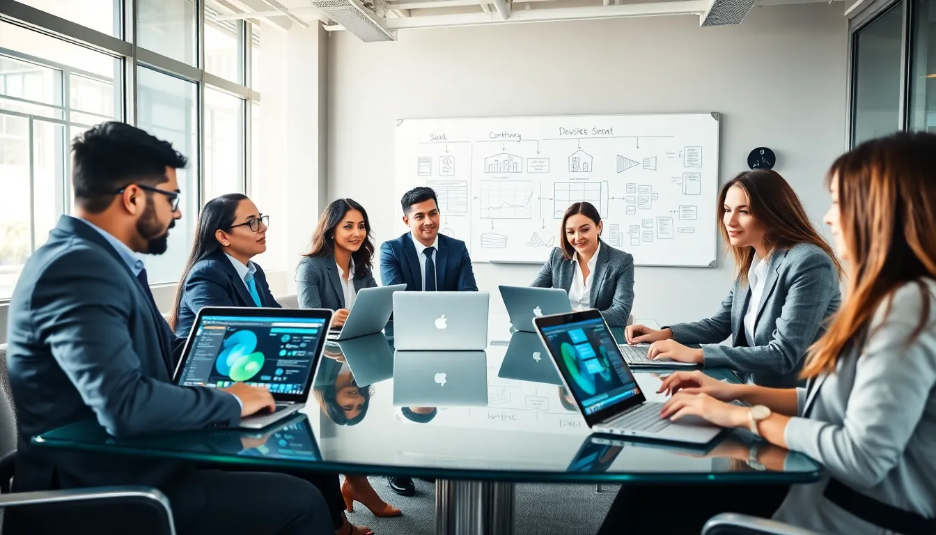 diverse team discussing computer software in a modern office.
