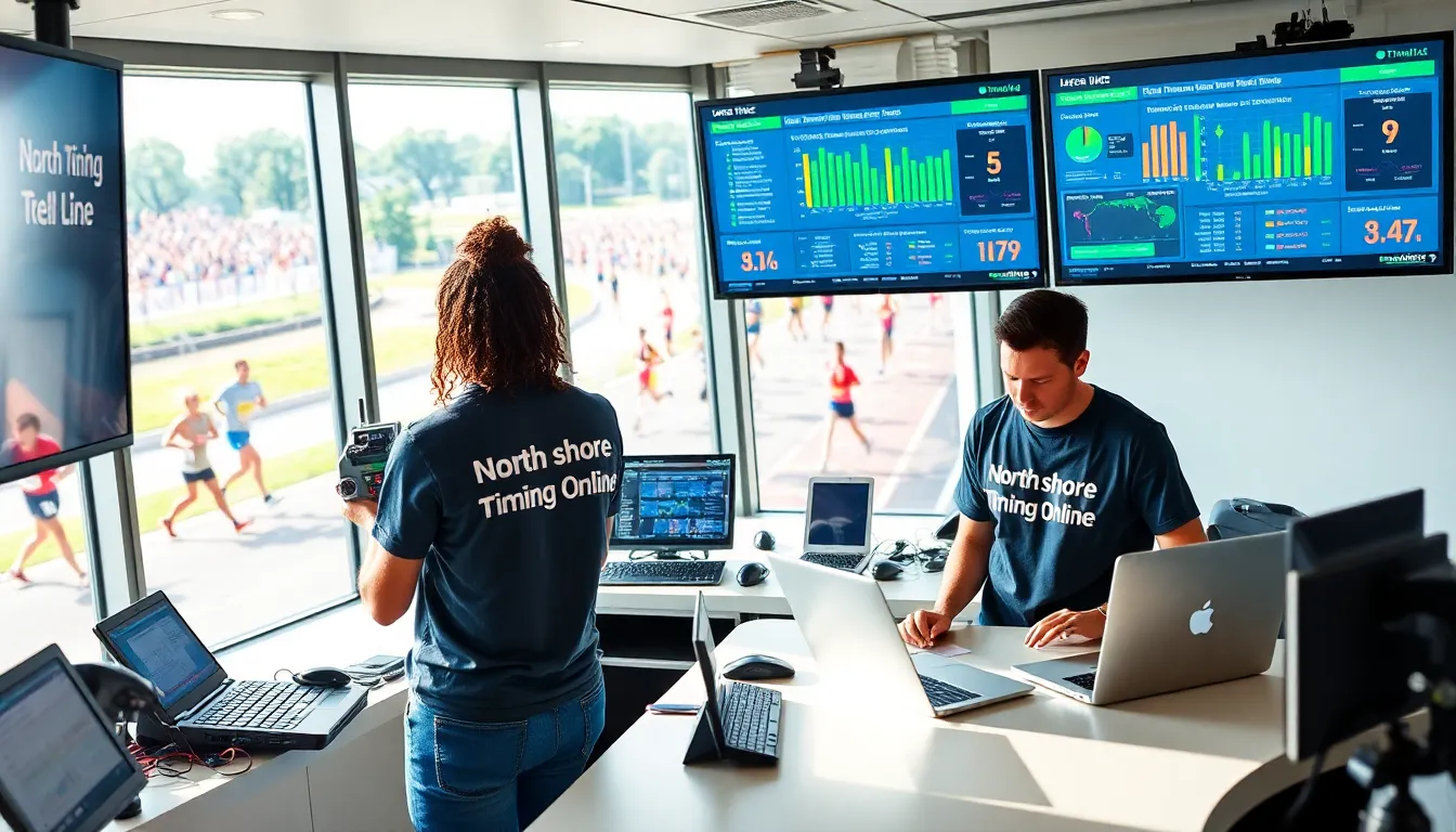 professionals analyzing race timing data in a modern control room.