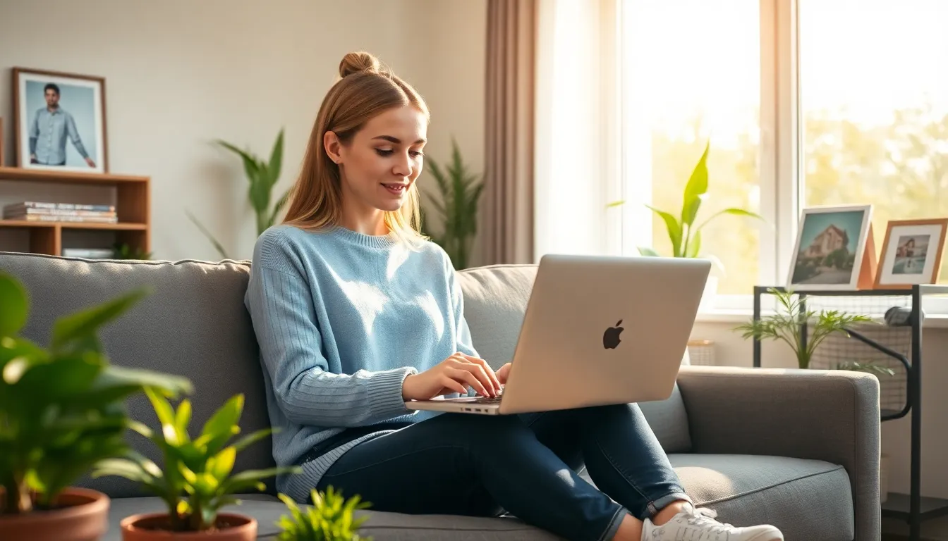 A woman using a laptop in a cozy living room to search for homes.
