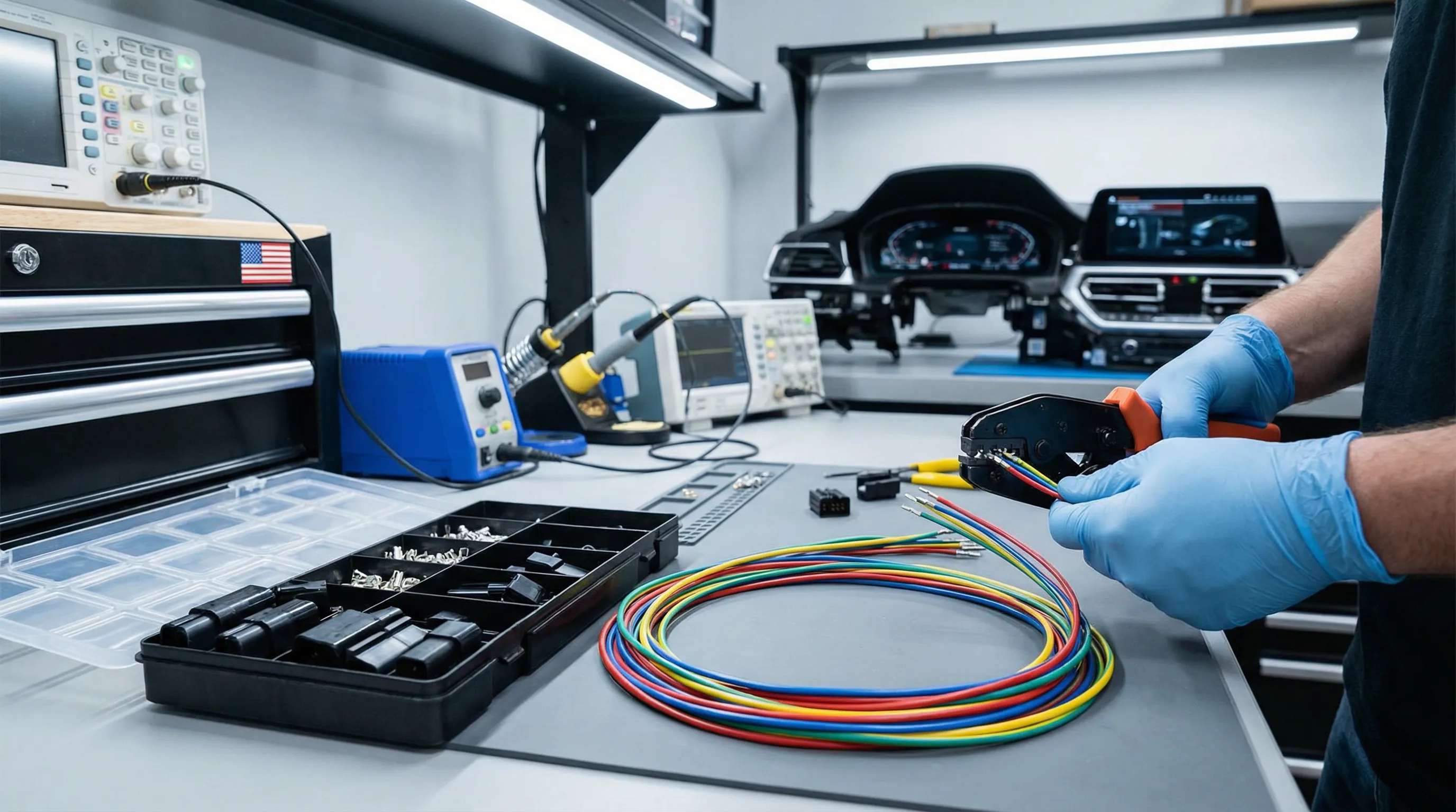 Technician assembling organized wire harnesses in a modern electronics lab.