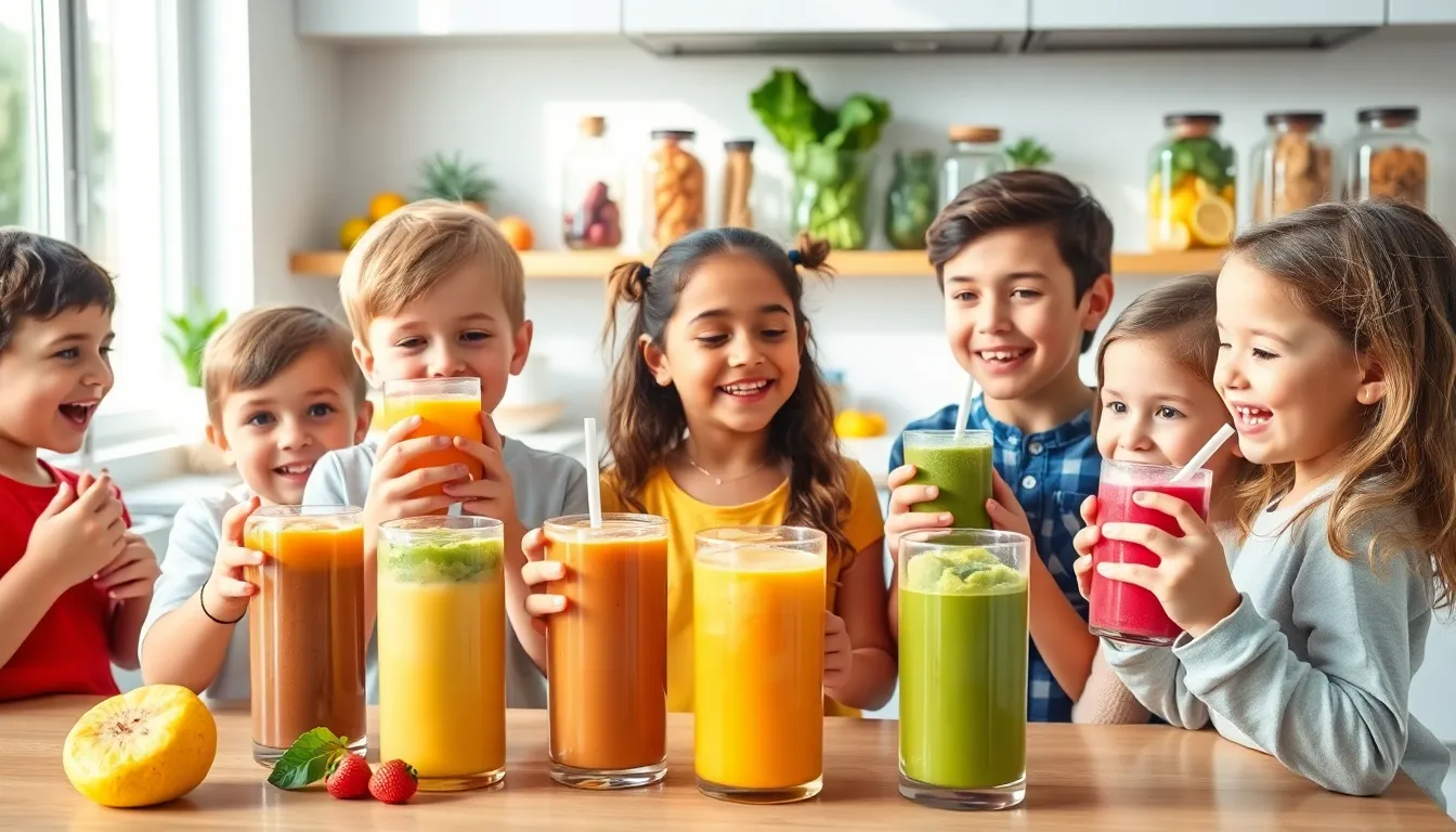 Children enjoying colorful nutrition shakes in a modern kitchen.