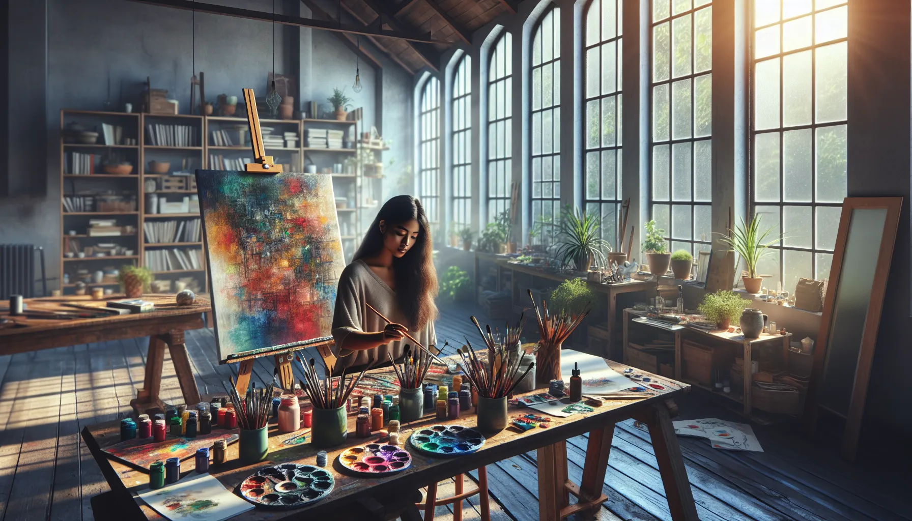 An artist painting in a bright, plant-filled creative studio.
