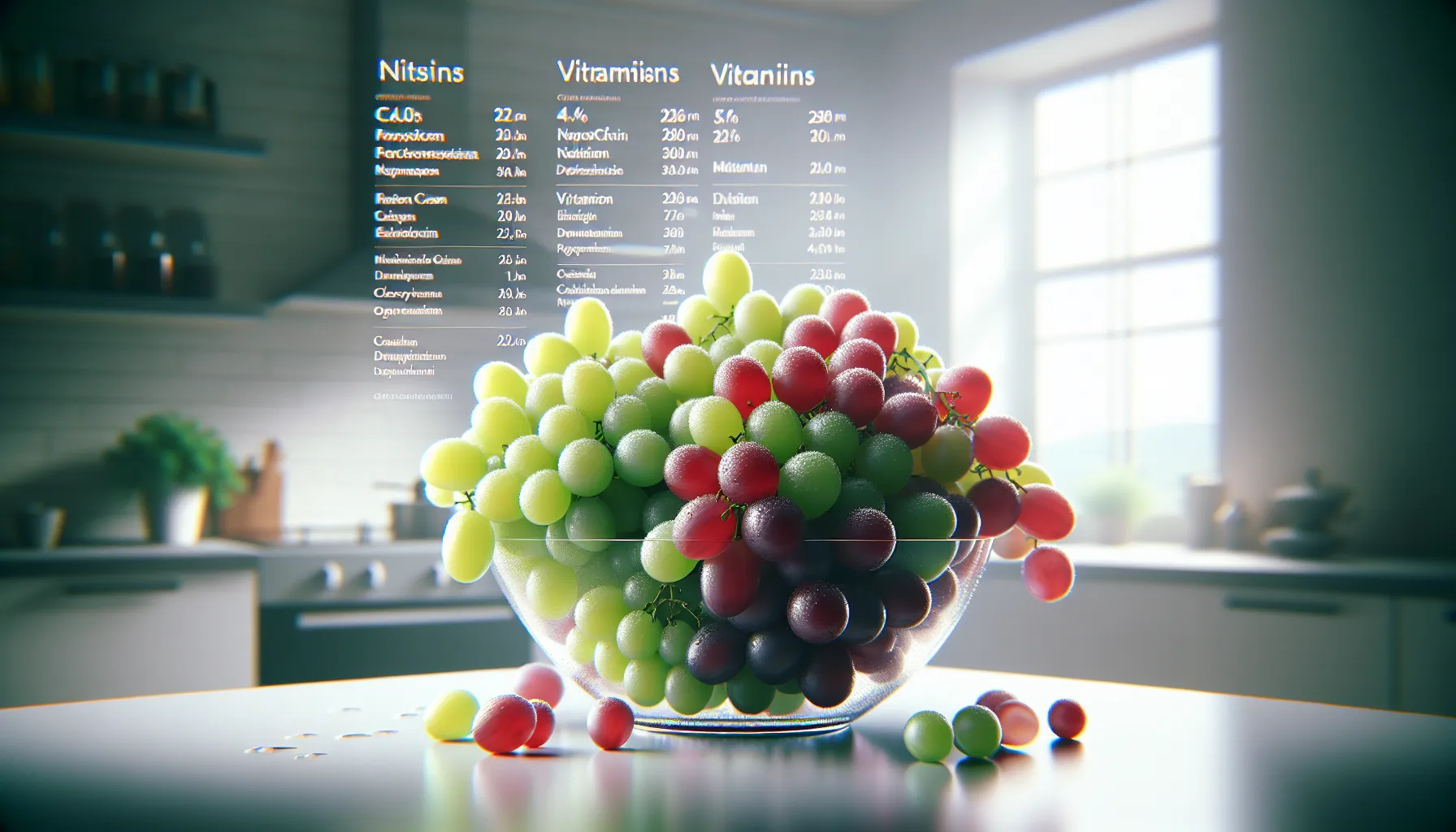Bowl of fresh grapes with nutritional info overlay.