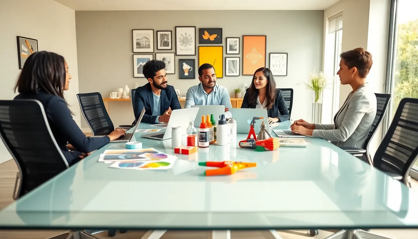 professionals collaborating on home improvement ideas in a modern office.