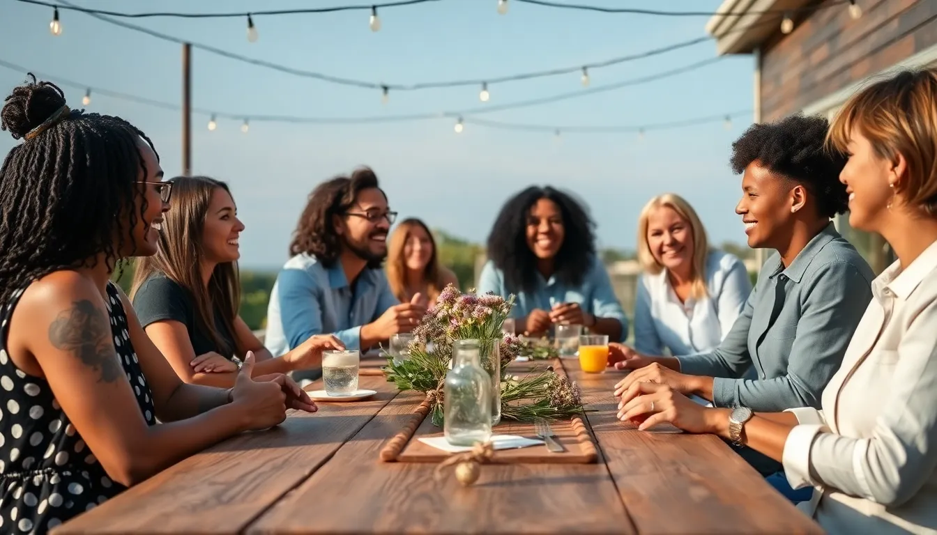 diverse group planning a thrifty outdoor event with natural decor.