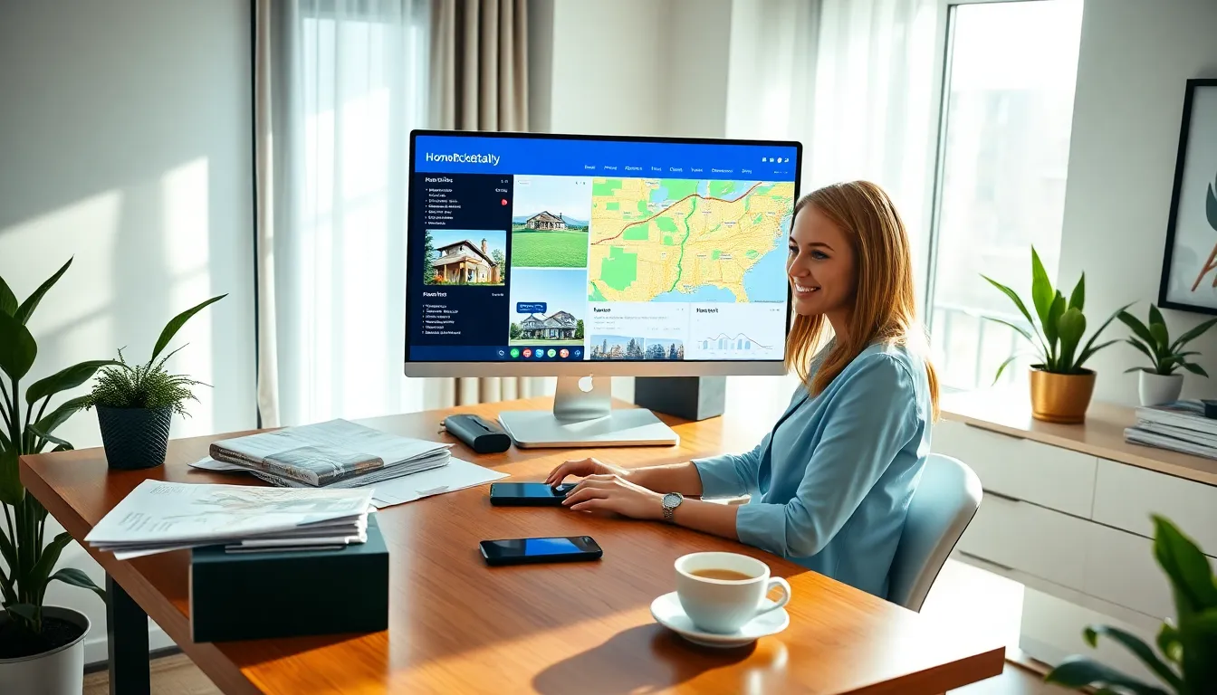 A woman using HomeRocketRealty.com on a computer in a bright home office.