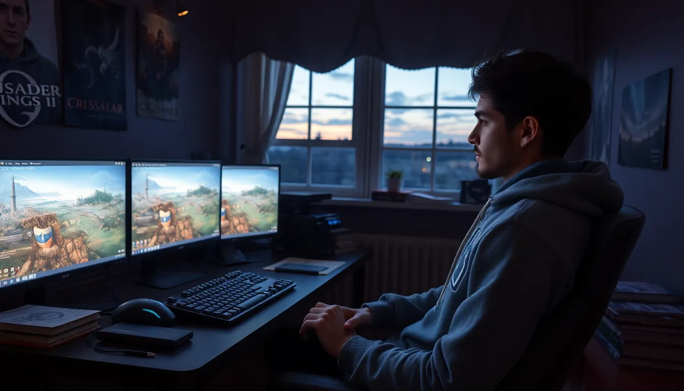 a gamer customizing characters in Crusader Kings II at a computer desk.