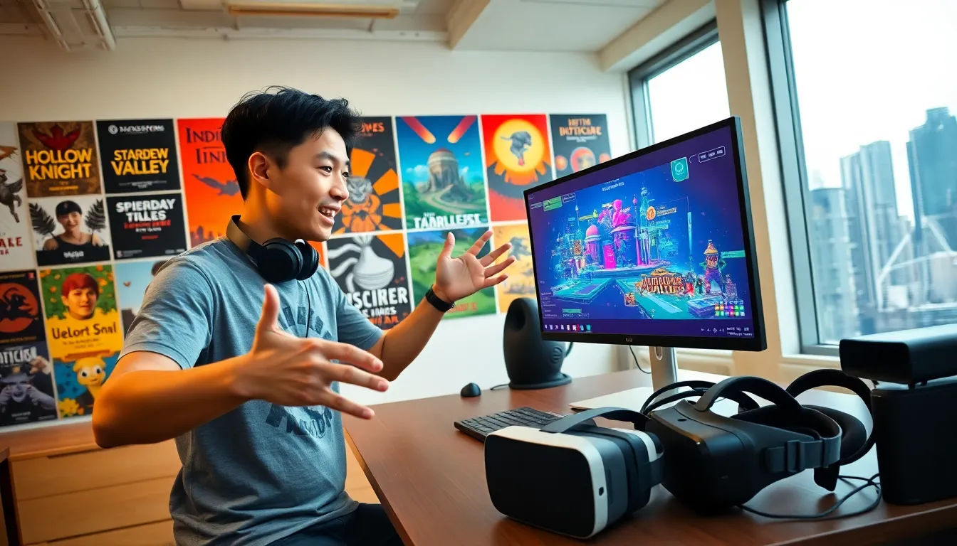 A developer at work in a game studio surrounded by VR equipment and game posters.