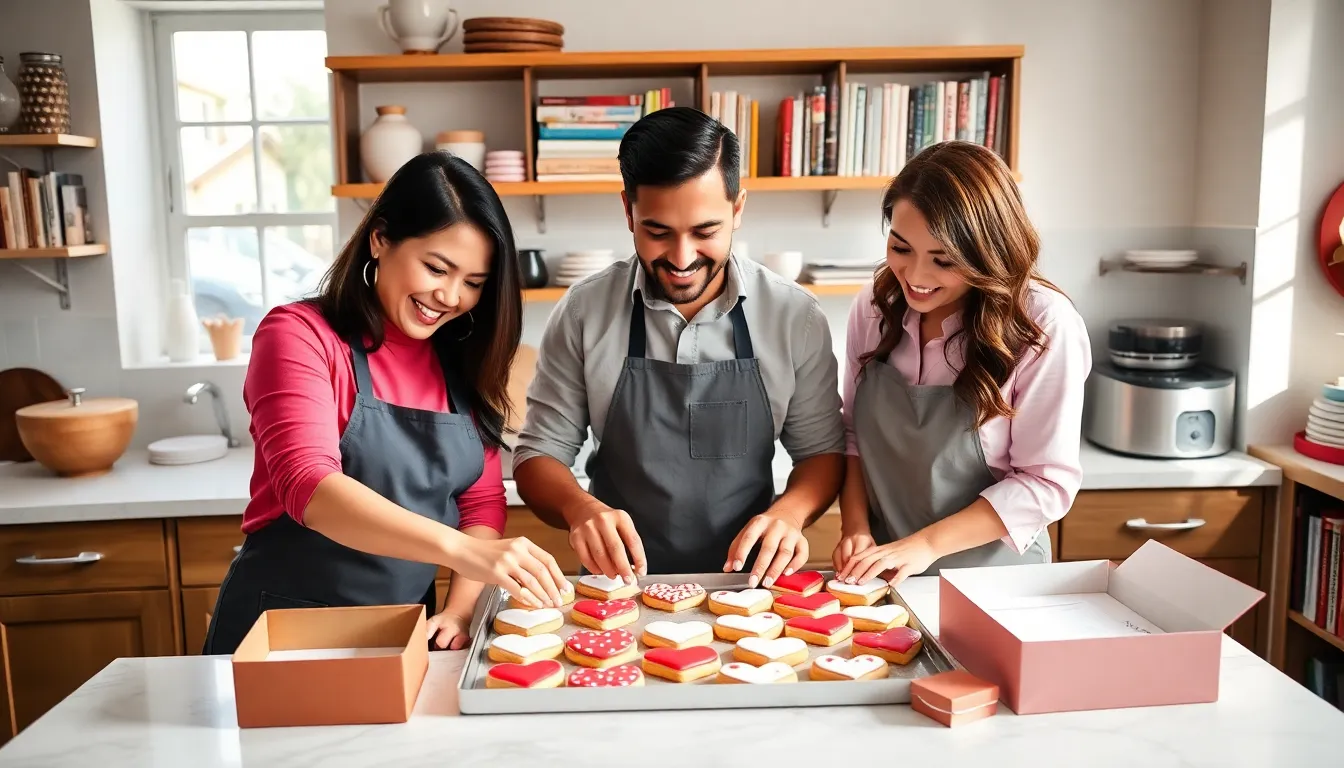 diverse bakers decorating heart-shaped cookies in a cheerful kitchen.