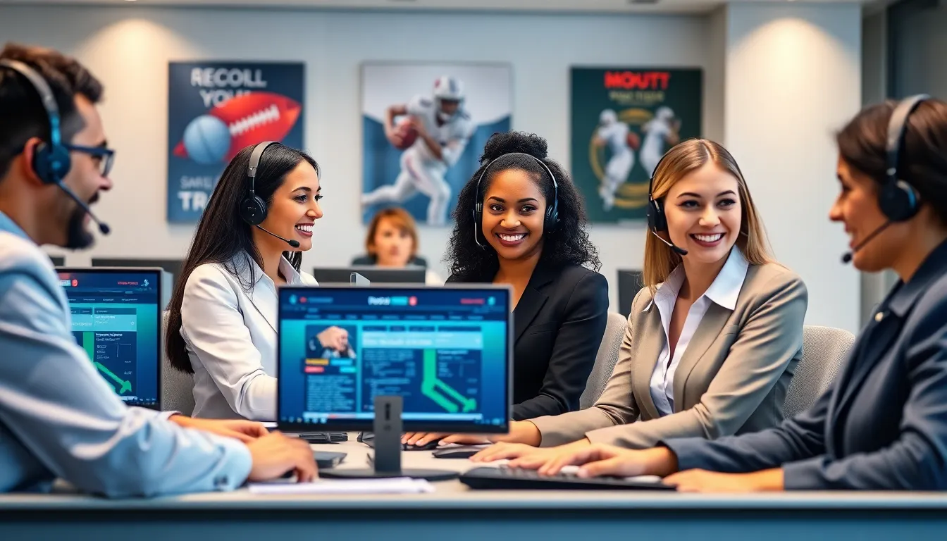 diverse customer support team assisting clients in a modern office.