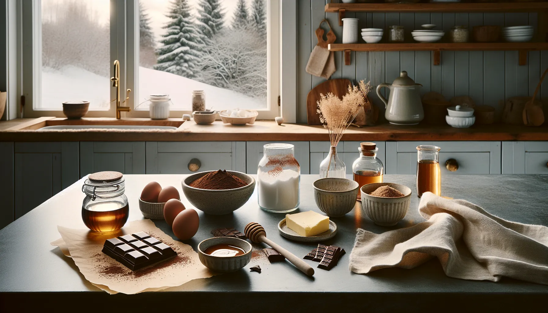 Natural ingredients for norwegian chocolate fondant arranged in soft winter light.