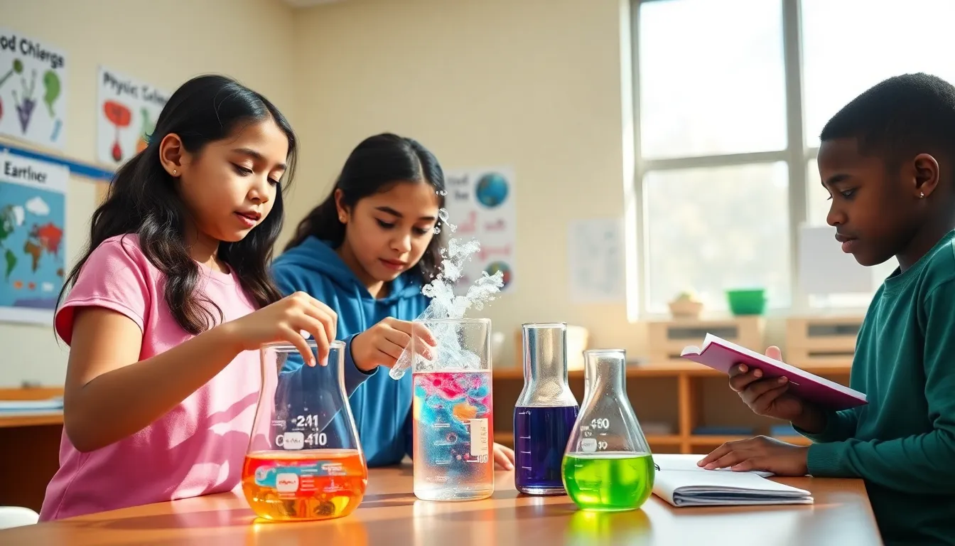 students conducting an integrated science experiment in a bright classroom.