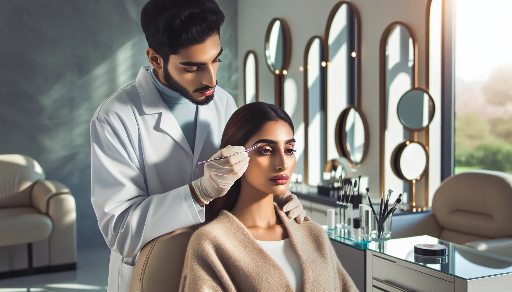 a beauty expert shaping eyebrows in a modern studio.
