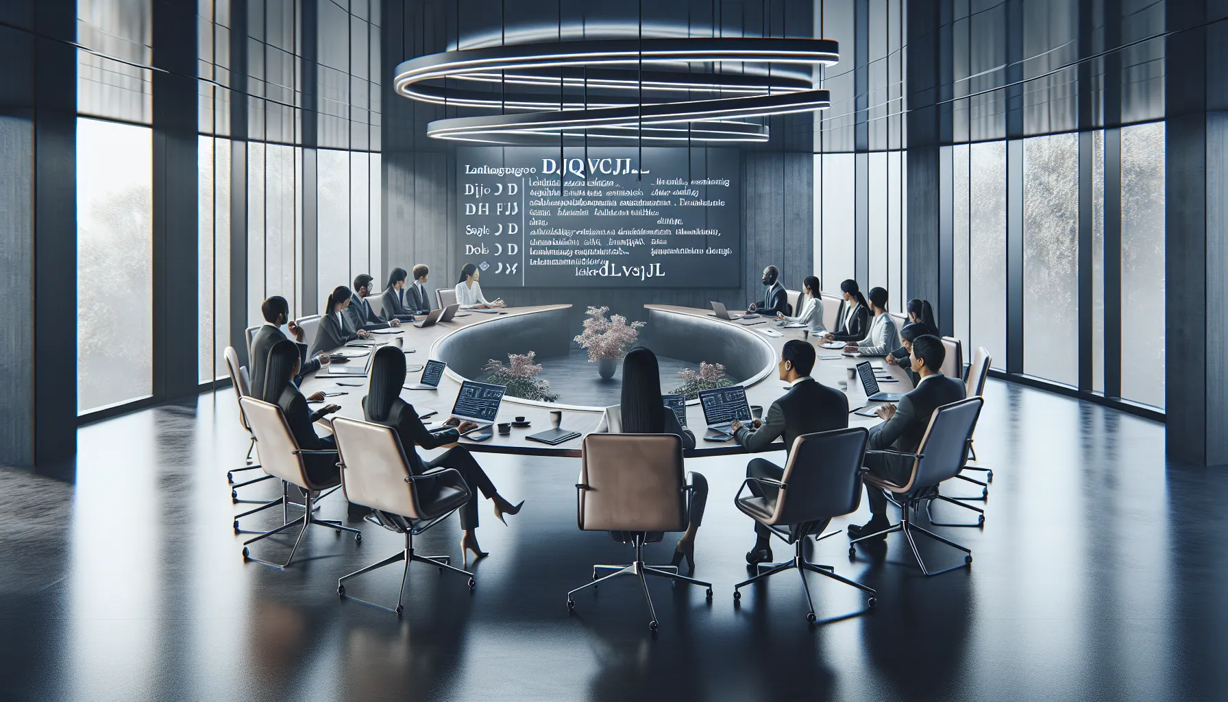 diverse group discussing language in a modern conference room.