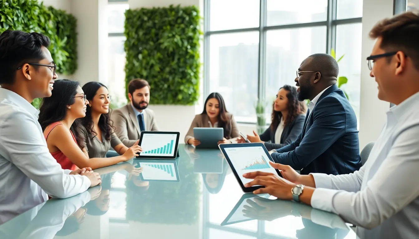 diverse team discussing sustainable living solutions in a modern office.