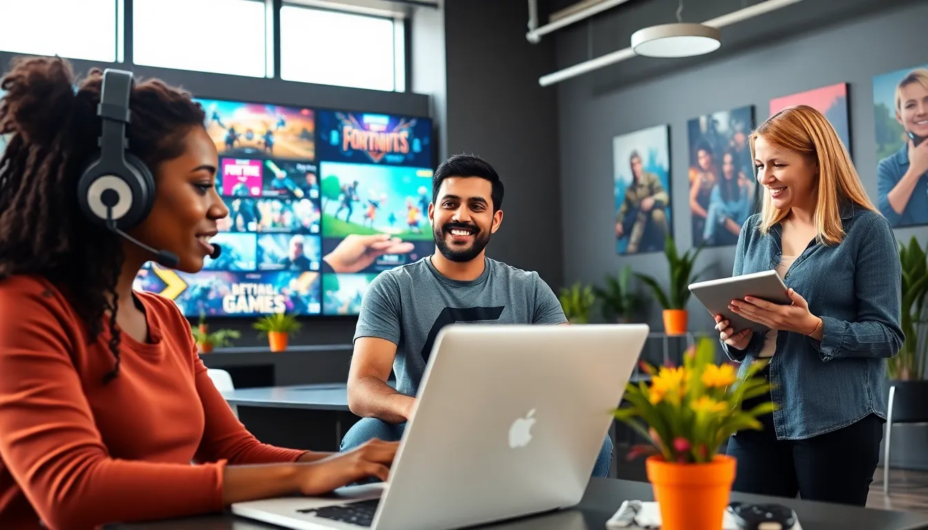 a diverse team brainstorming about online gaming in a modern office.