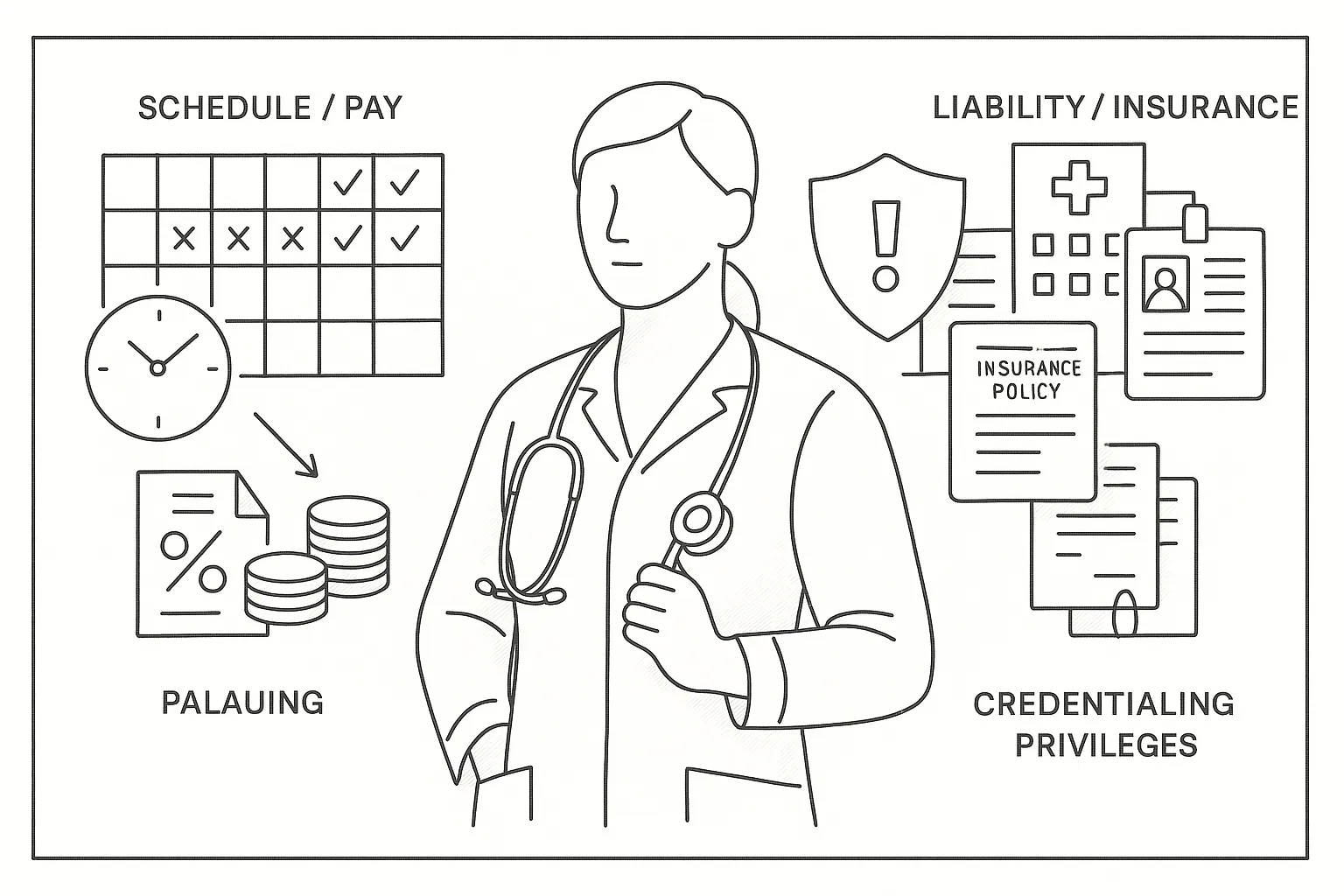 Nurse practitioner balanced between schedule, pay, liability, and credentialing icons.