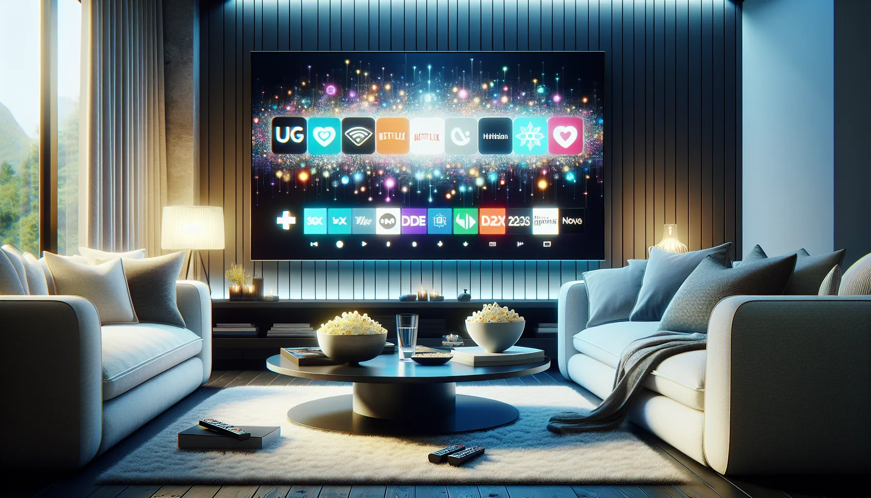 modern living room with streaming service logos on a TV screen.