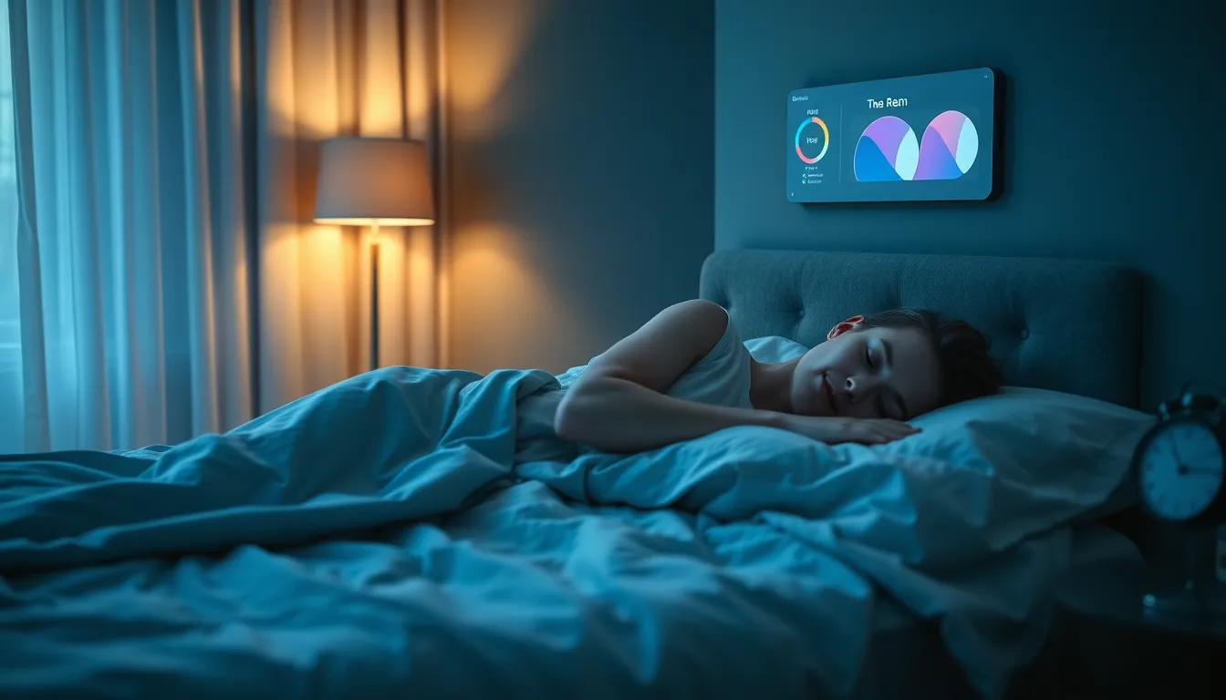 a serene bedroom with a person sleeping peacefully and a digital sleep tracker.
