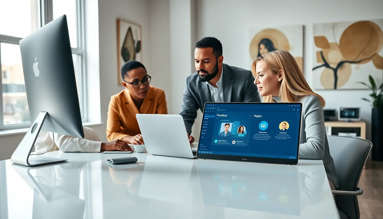 diverse team collaborating around laptops in a modern office.