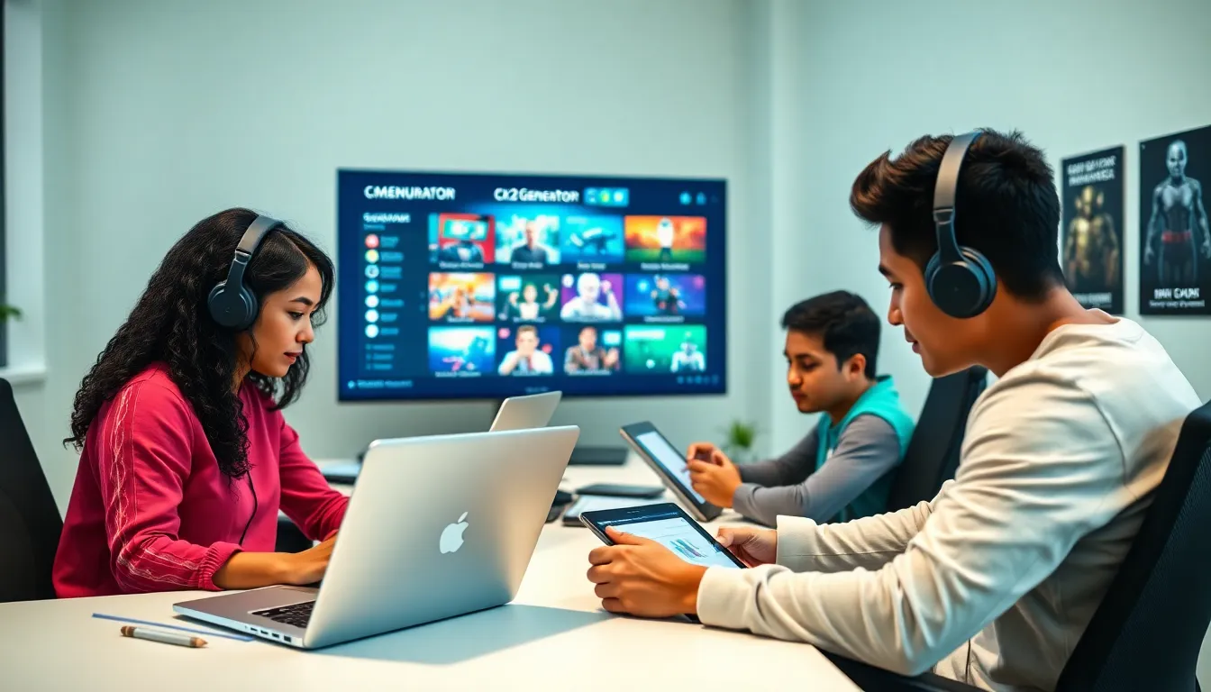 diverse team collaborating on gaming content at a modern workspace.