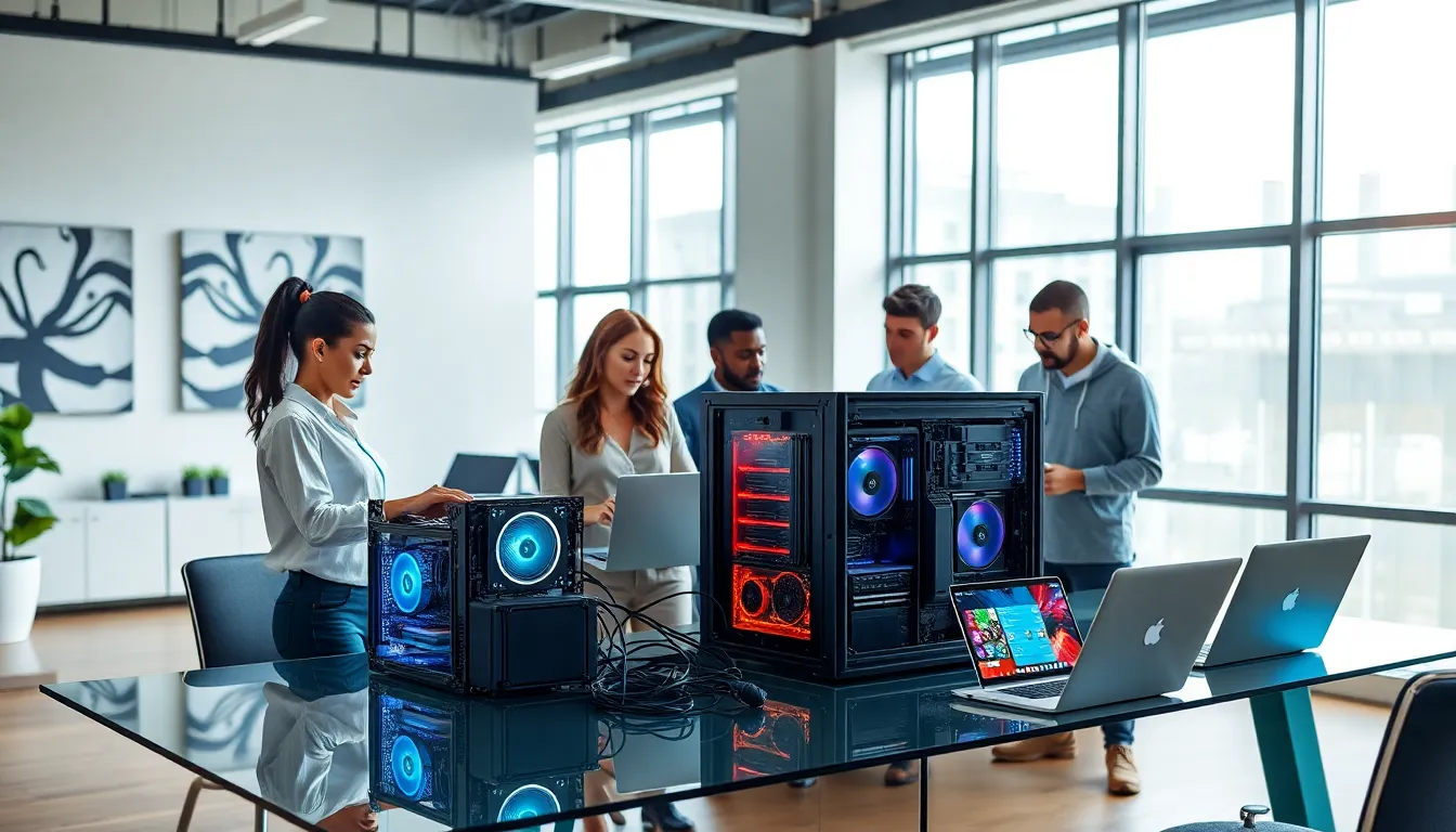 diverse team discussing advanced hardware in a modern office setting.