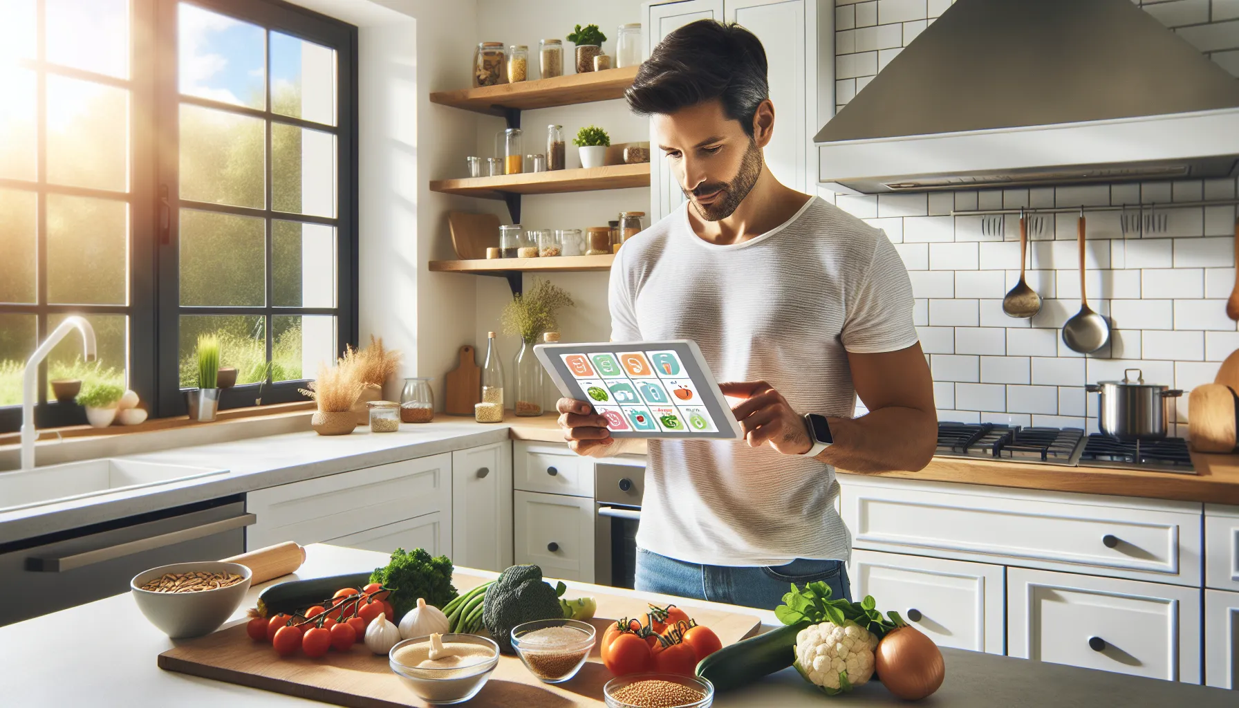 a person using a meal planning app in a modern kitchen.