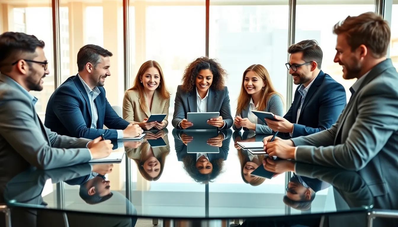 diverse team brainstorming around a glass conference table in a modern office.