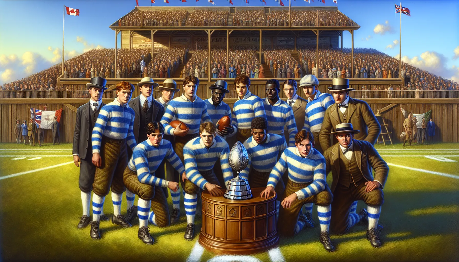 historic Canadian football players competing in a sunny game with a Grey Cup trophy.