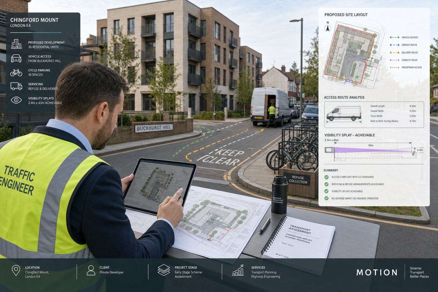 Traffic engineer reviewing urban site access and parking plans in Chingford Mount.