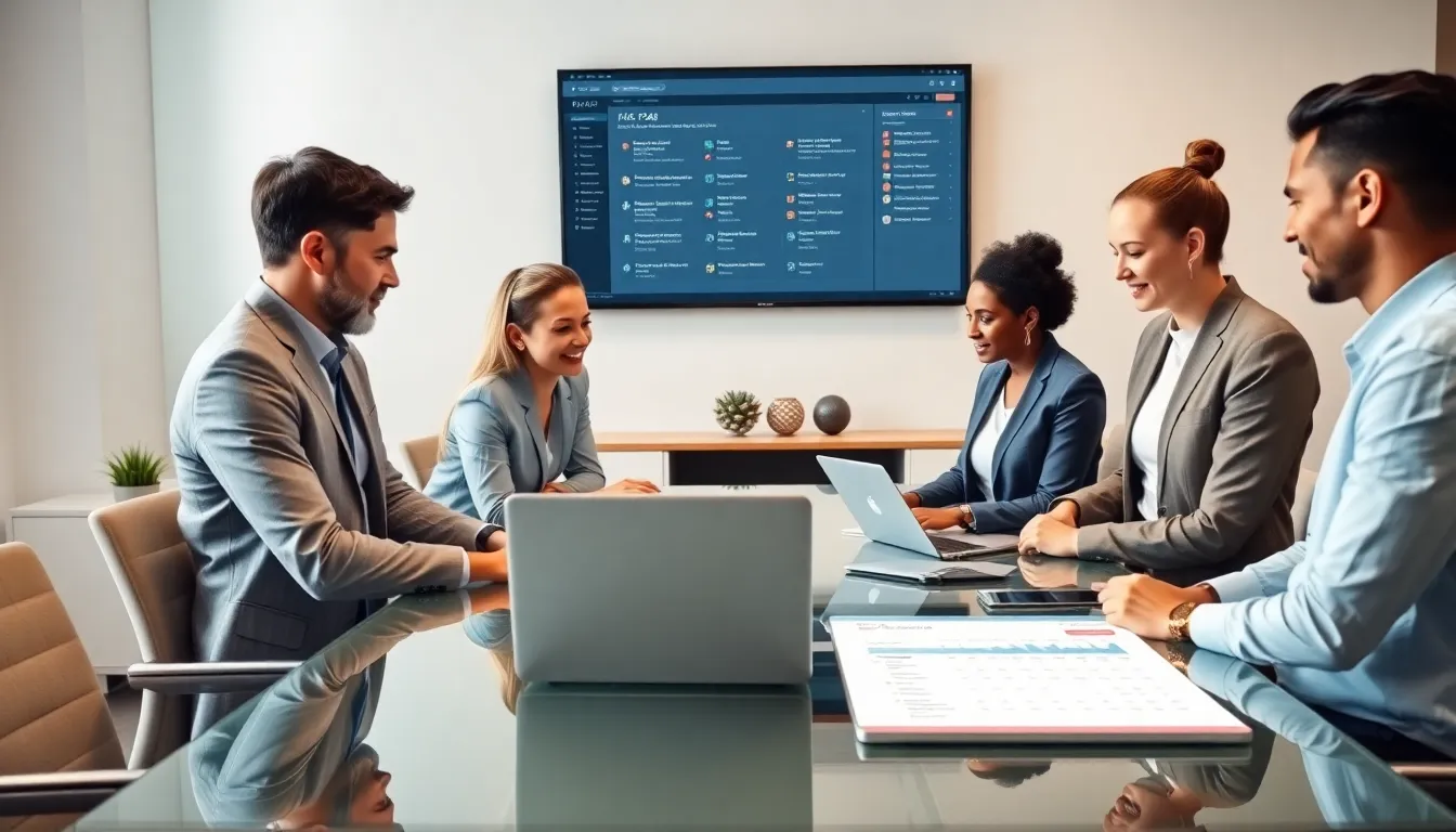 diverse team discussing FAQ software in a modern office.