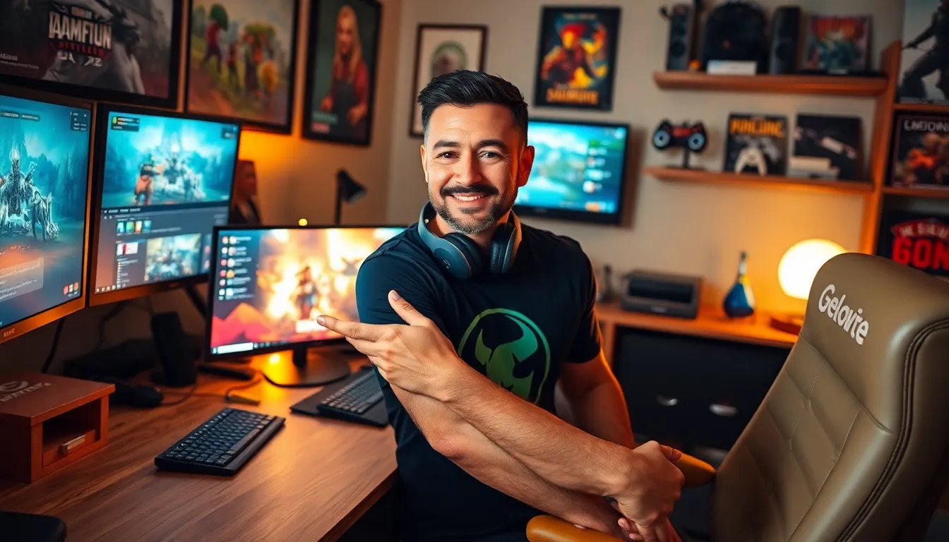 Larry in a home office creating gaming guides on his computer.
