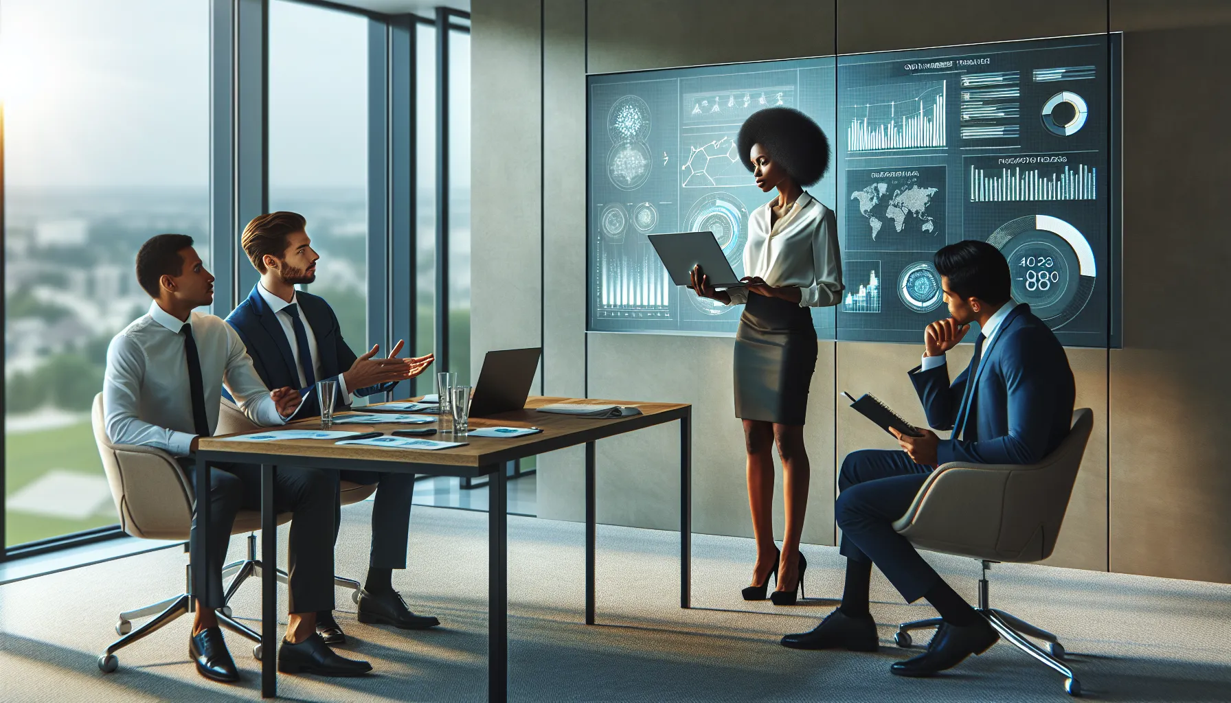 Professionals discussing phone number verification in a modern office.